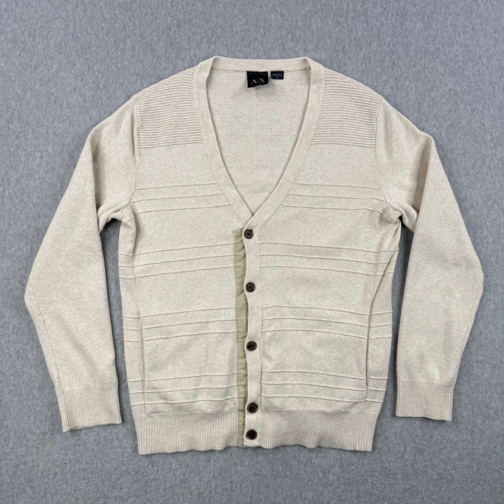 Armani Exchange Cardigan Mens Medium Beige Cotton Silk Blend Ribbed Pockets